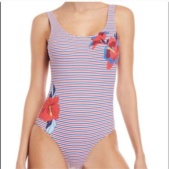 Onia Kelly One Piece Hibiscus Illusion Striped Swimsuit - Picture 1 of 8
